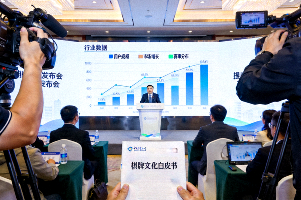 棋牌文化白皮书发布会现场，讲台大屏展示行业数据图表